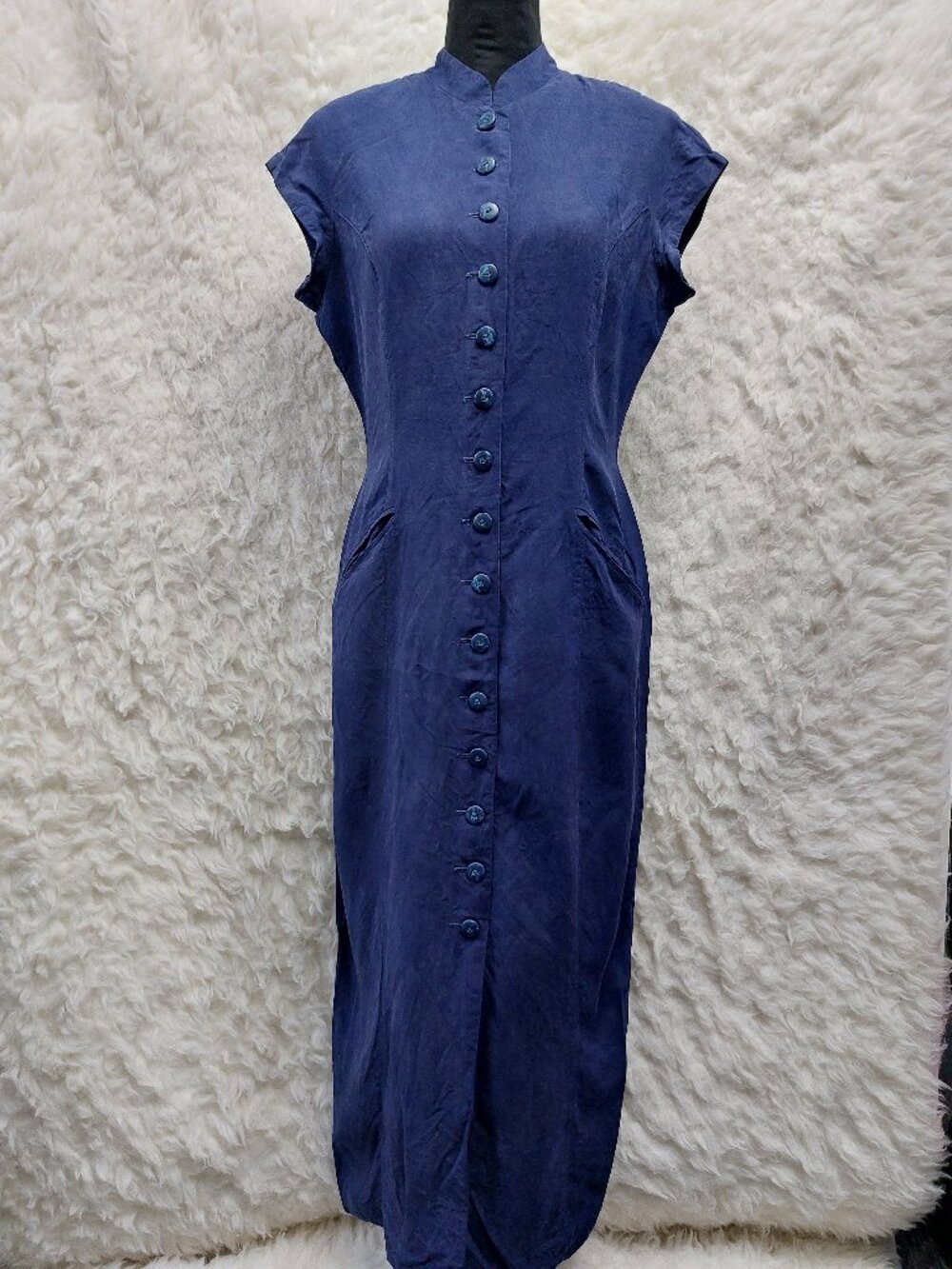 Vintage Georgiou Women's 100% Silk Navy Blue Short-sleeve Button-up Maxi Dress M